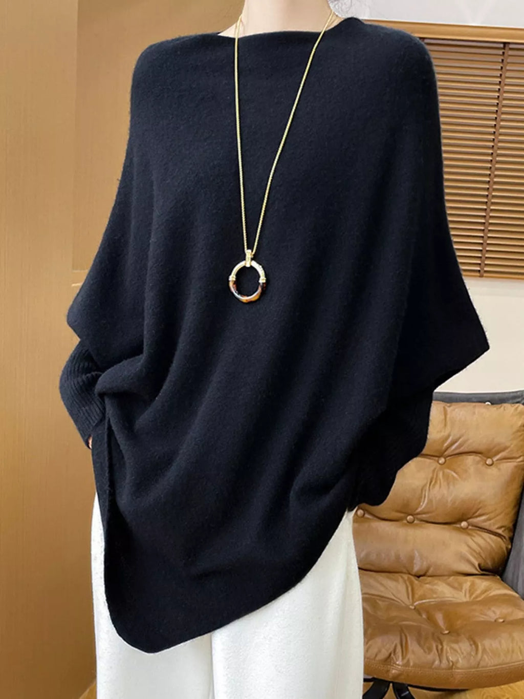 Oversized Asymmetric Wool Batwing Sweater in Black by Belle Bijouix – view 20 of 24