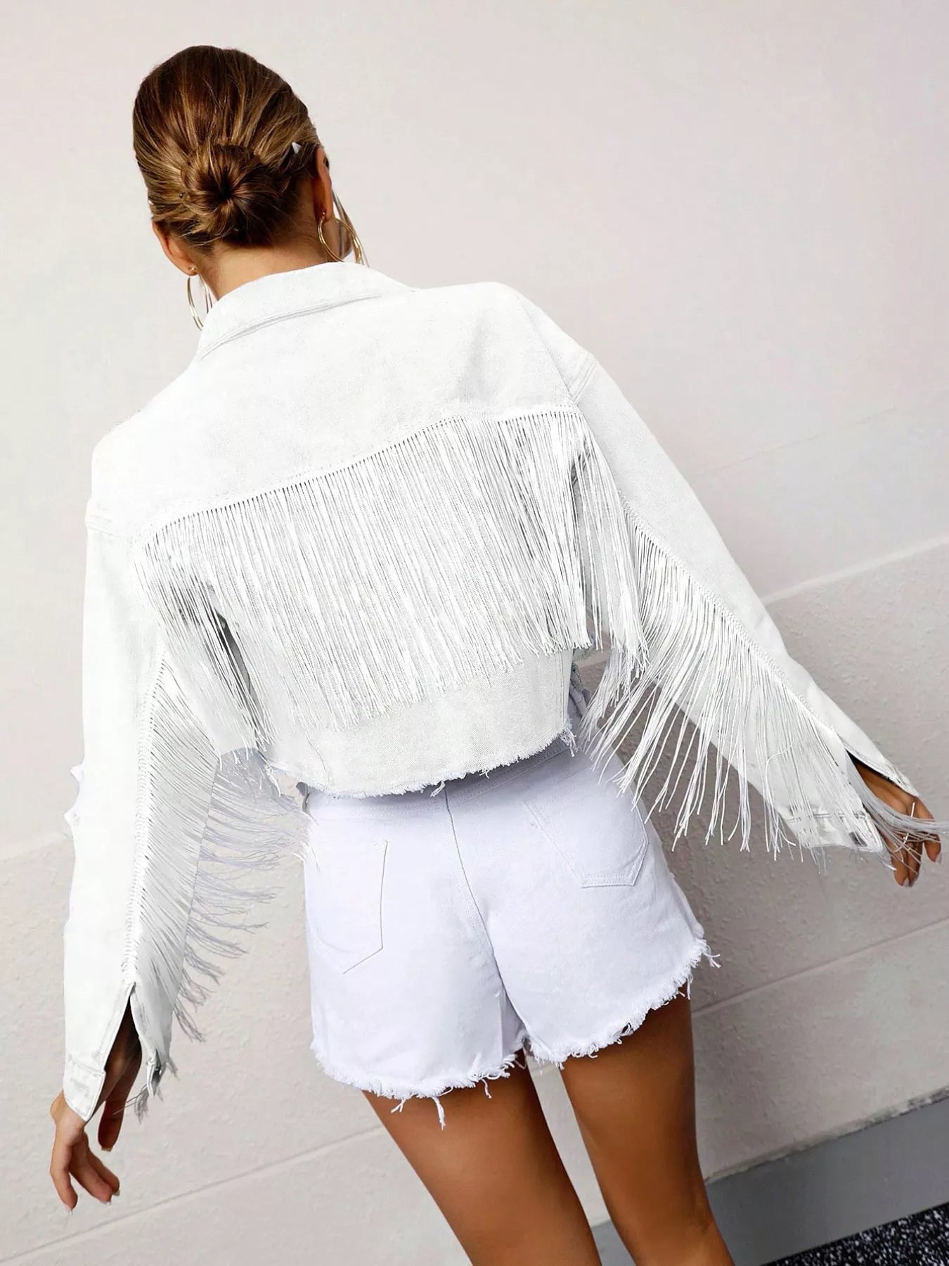 Fringed cropped denim jacket by Trendsi, white with long fringe across back and sleeves