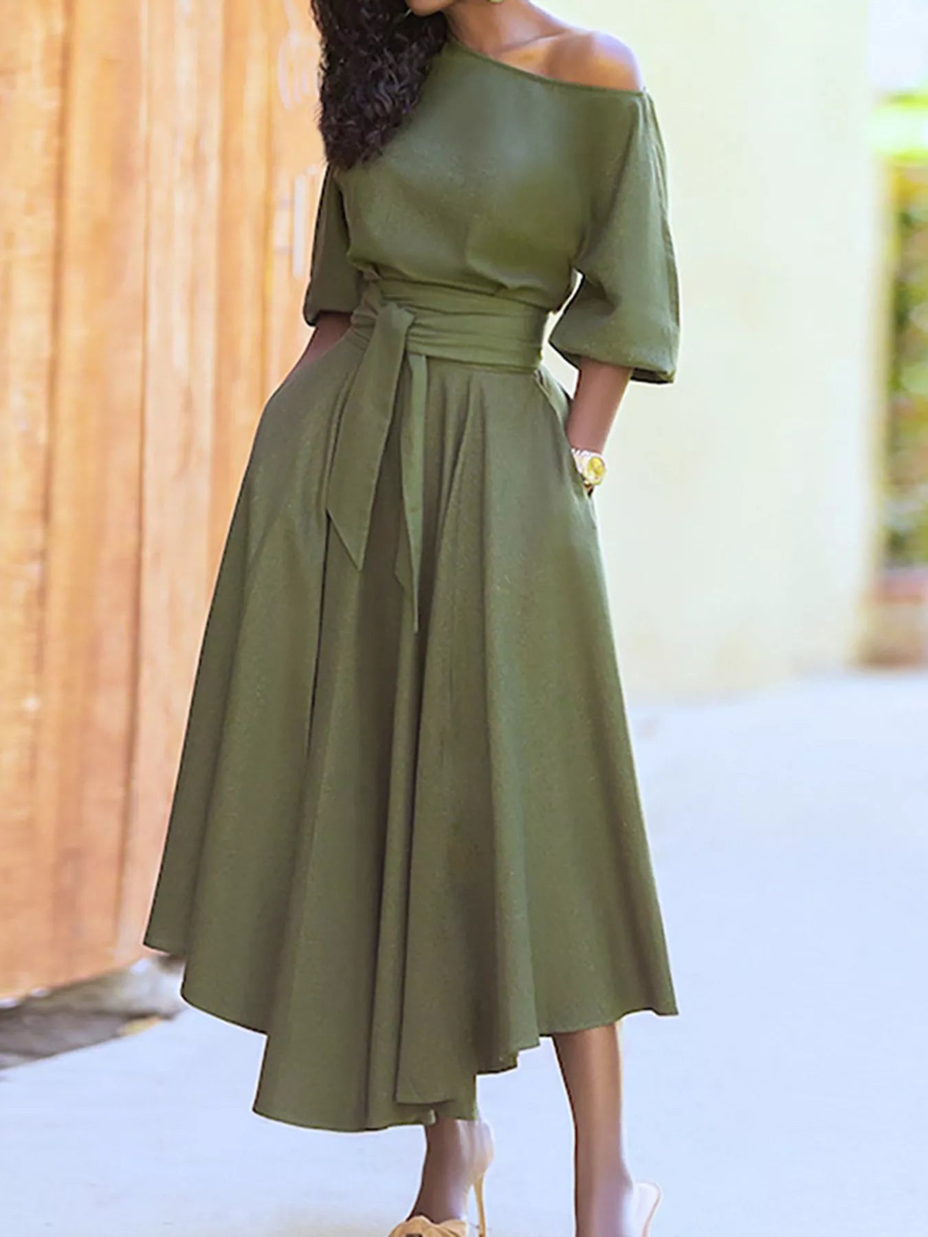 Boat Neck Tie Waist Dress by Trendsi in olive green with a waist-tie and flowing maxi skirt