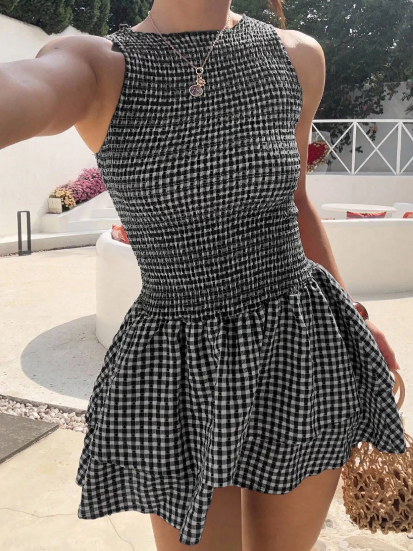 Gingham smocked mini dress in black and white, sleeveless summer dress