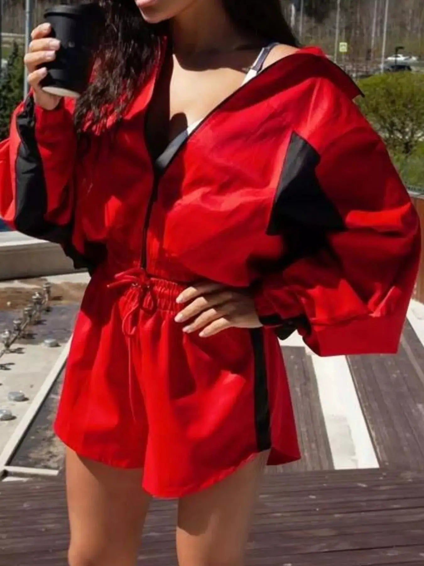 Zip-Up Long Sleeve Top & Shorts Set in red with black panels, Belle Bijouix activewear two-piece outfit
