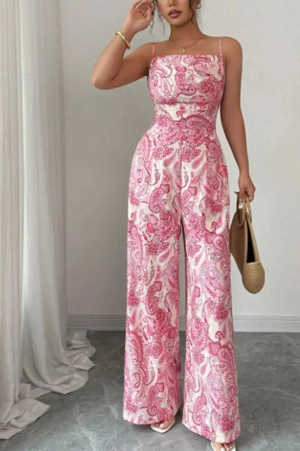Paisley Print Wide-Leg Jumpsuit in pink and white with spaghetti straps