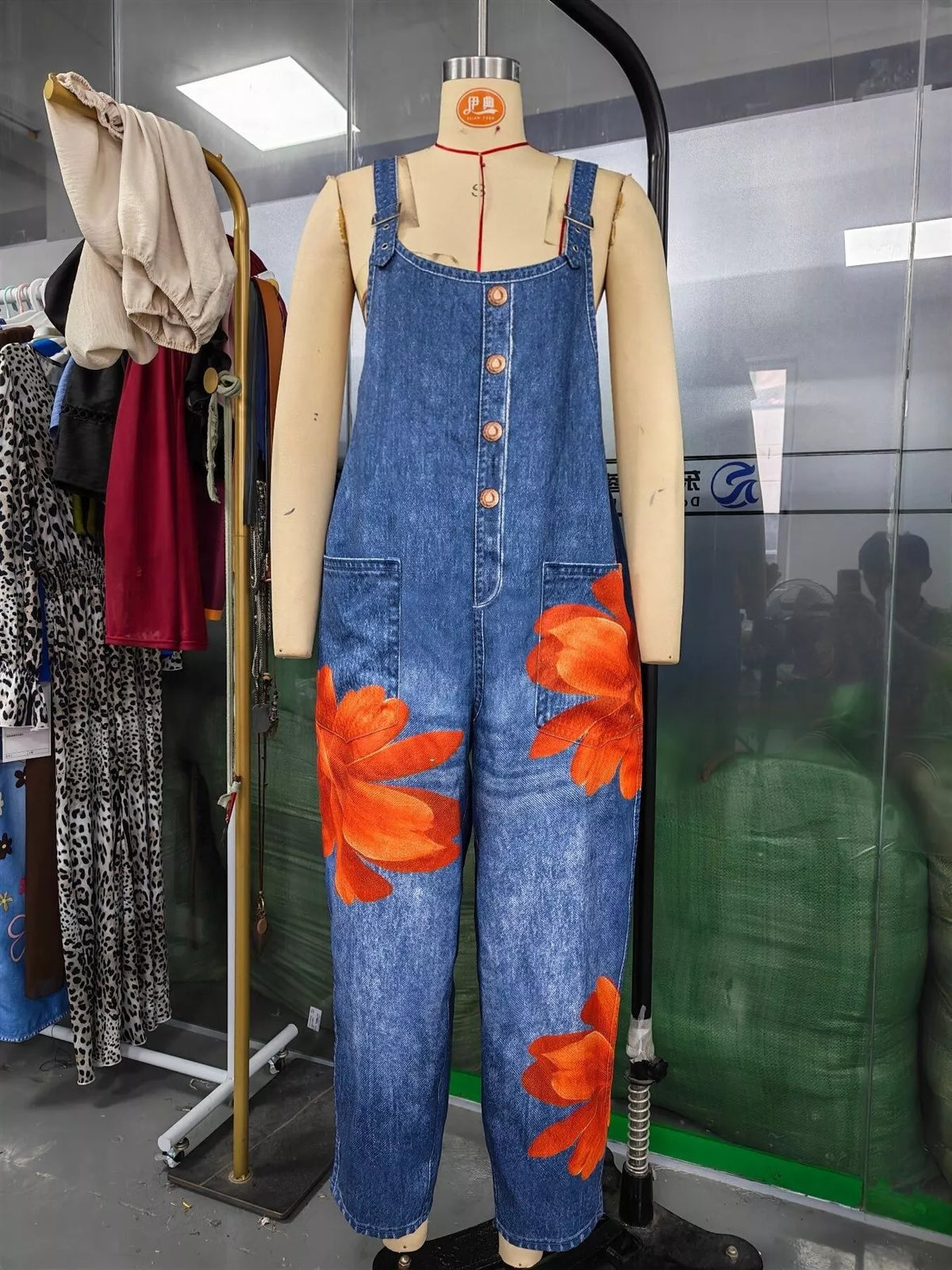 Floral Print Button Front Overalls in Large Orange Flower by Belle Bijouix – view 6 of 9