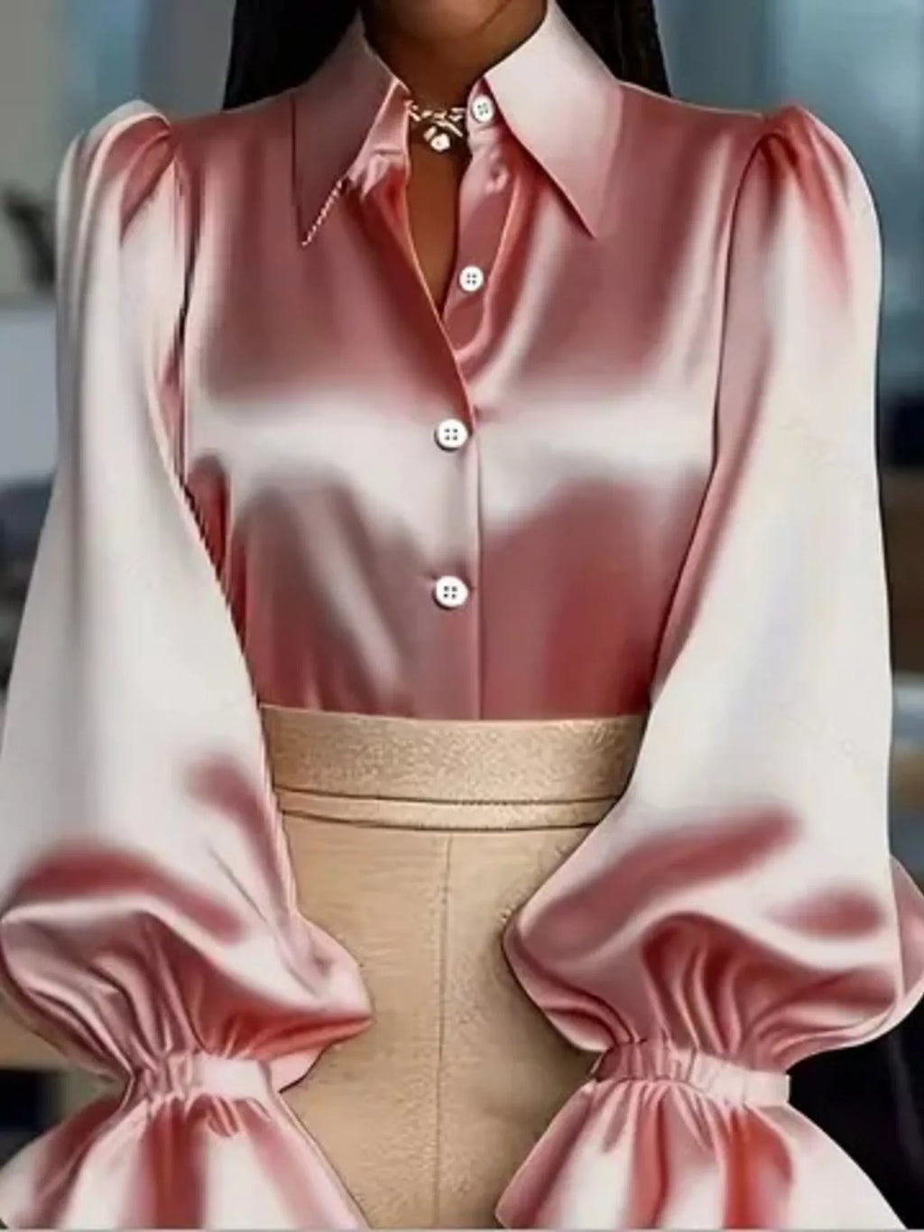 Satin button-up flounce-sleeve pink shirt with front white buttons