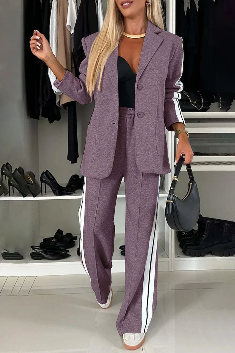 Full Size Contrast Lapel Collar Top and Pants Set in lavender; activewear with white side stripes and buttoned pockets