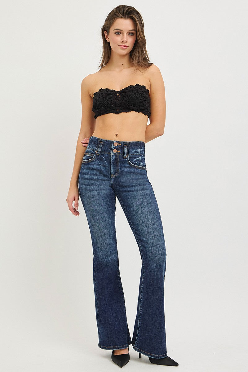RISEN high rise flare jeans with seam-detail waistband in blue denim