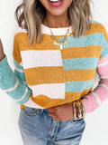 Color Block Striped Sweater with orange, white, turquoise blocks; basic style.