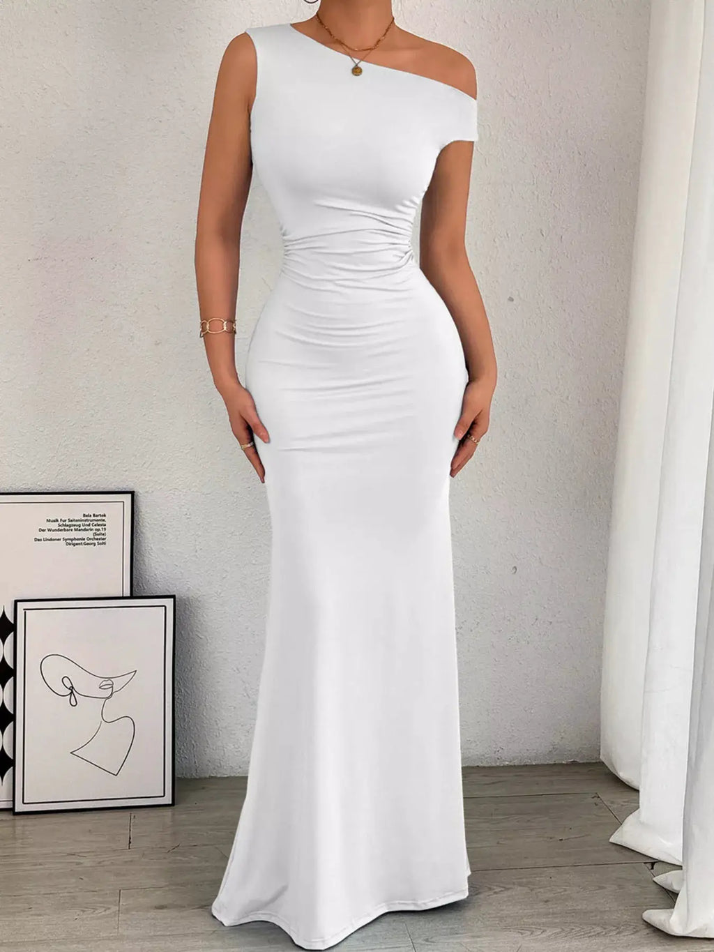 One-Shoulder Ruched Bodycon Maxi Dress in white by Belle Bijouix