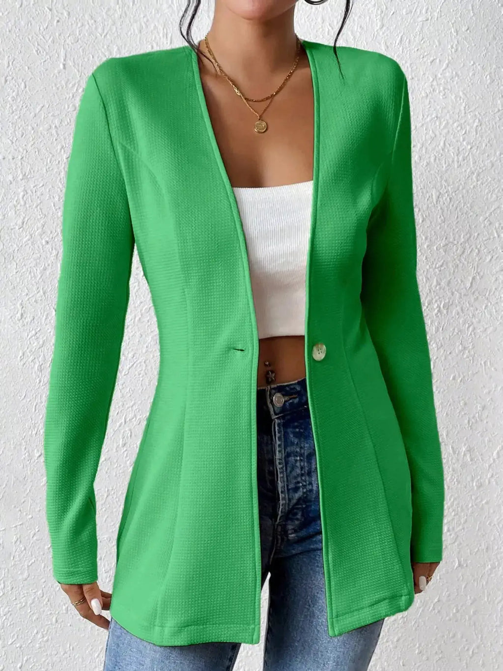 Single-Button Long-Sleeve Blazer by Belle Bijouix in bright green, textured fabric