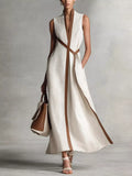 Full Size Contrast Trim Sleeveless Maxi Dress Plus Size by Trendsi, ivory with brown trim.