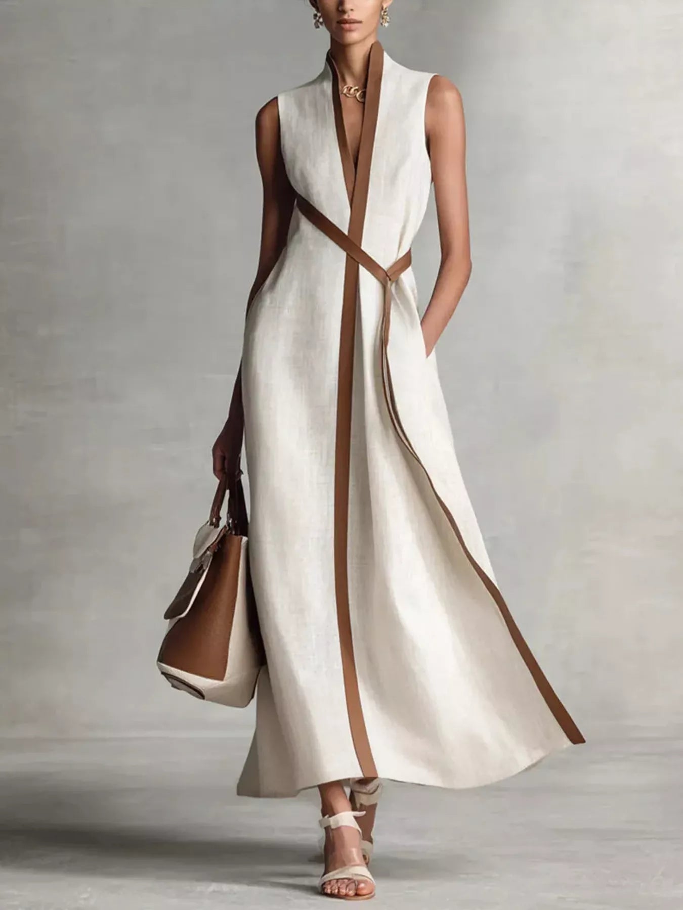 Full Size Contrast Trim Sleeveless Maxi Dress Plus Size by Trendsi, ivory with brown trim.