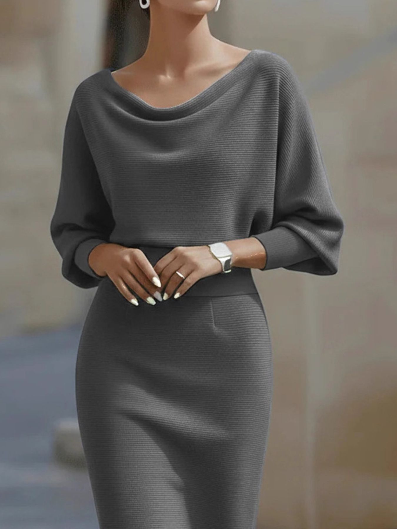 Cowl Neck Knit Bodycon Dress in charcoal grey with long sleeves.