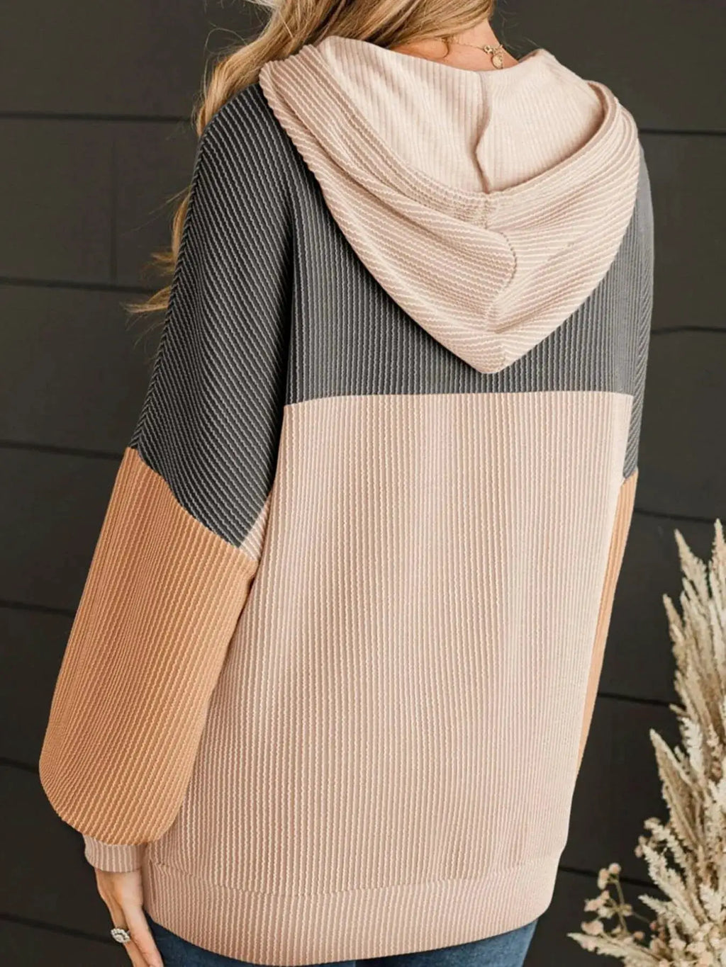 Drawstring color-block long sleeve hoodie with pink, gray and tan panels