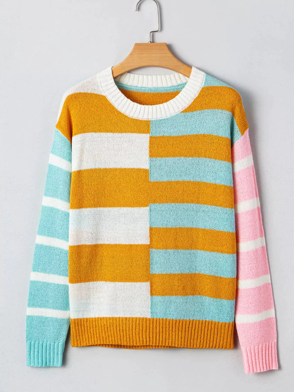 Color Block Striped Sweater, knit in mustard orange, aqua blue, white and pink