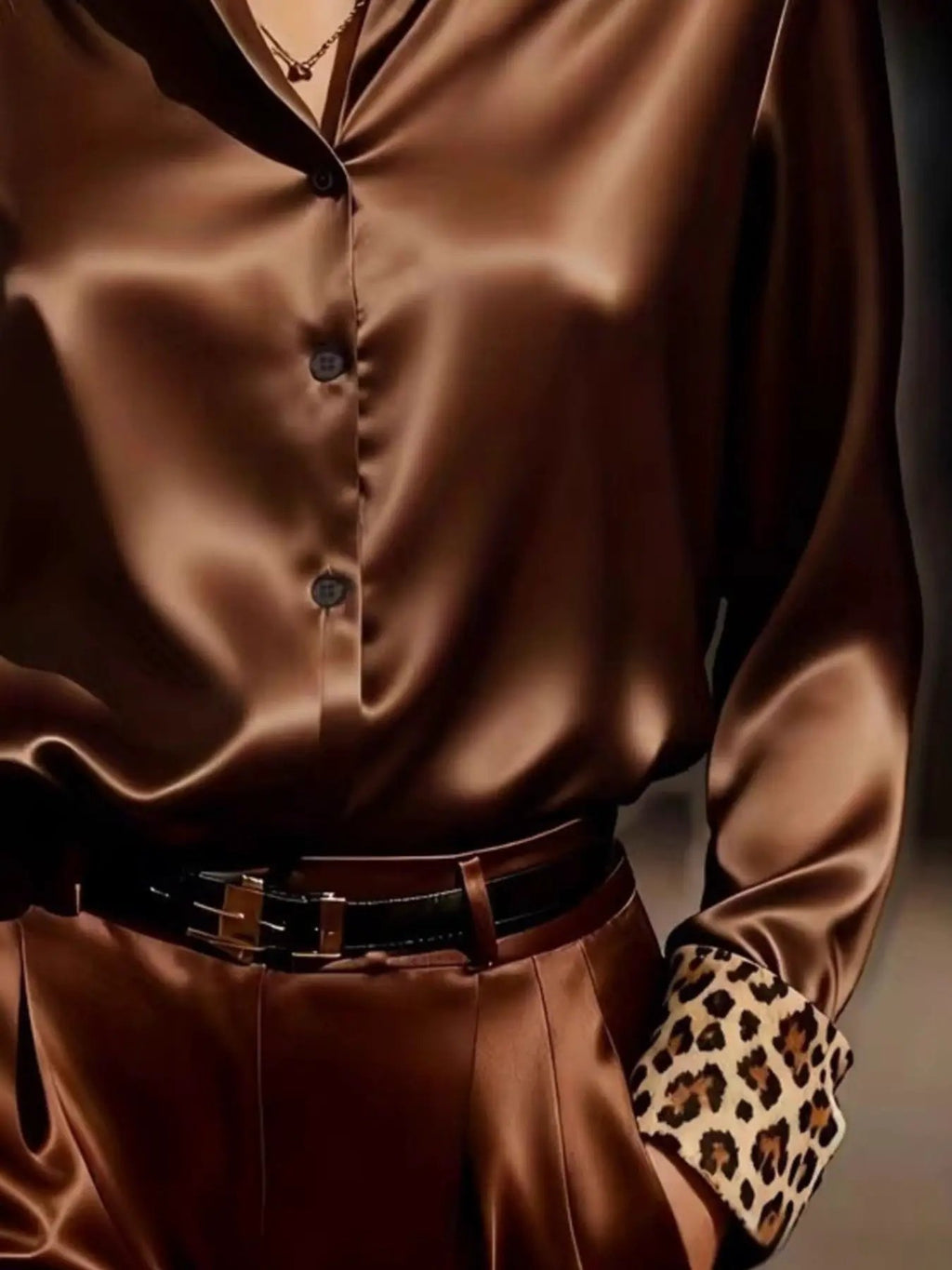 Leopard Button Up Long Sleeve Shirt by Belle Bijouix, brown satin with leopard-printed cuffs.