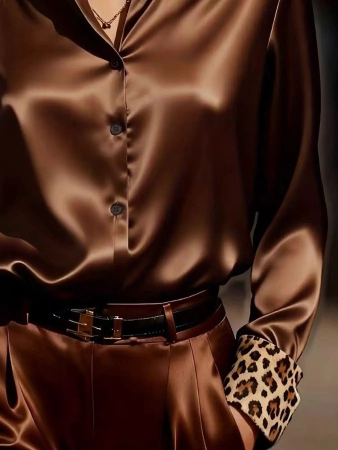 Leopard Button Up Long Sleeve Shirt by Belle Bijouix, brown satin with leopard-printed cuffs.