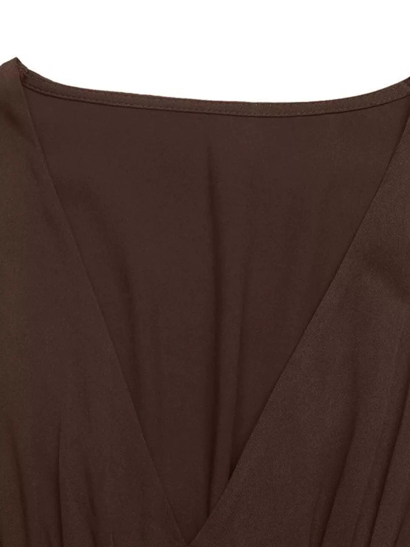 V-Neck Balloon Sleeve Midi Dress in brown fabric, neckline close-up