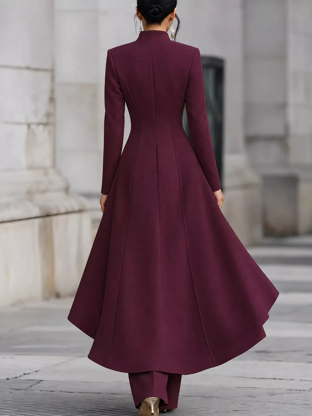 Ruffled High-Low Button Tunic & Wide-Leg Pants Set in Dark Magenta by Belle Bijouix – view 70 of 82