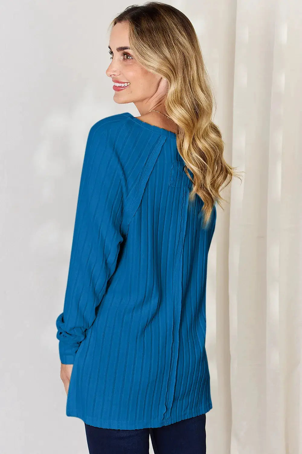 Basic Bae Full Size Ribbed Round Neck Slit T-Shirt in teal blue, ribbed long-sleeve top.