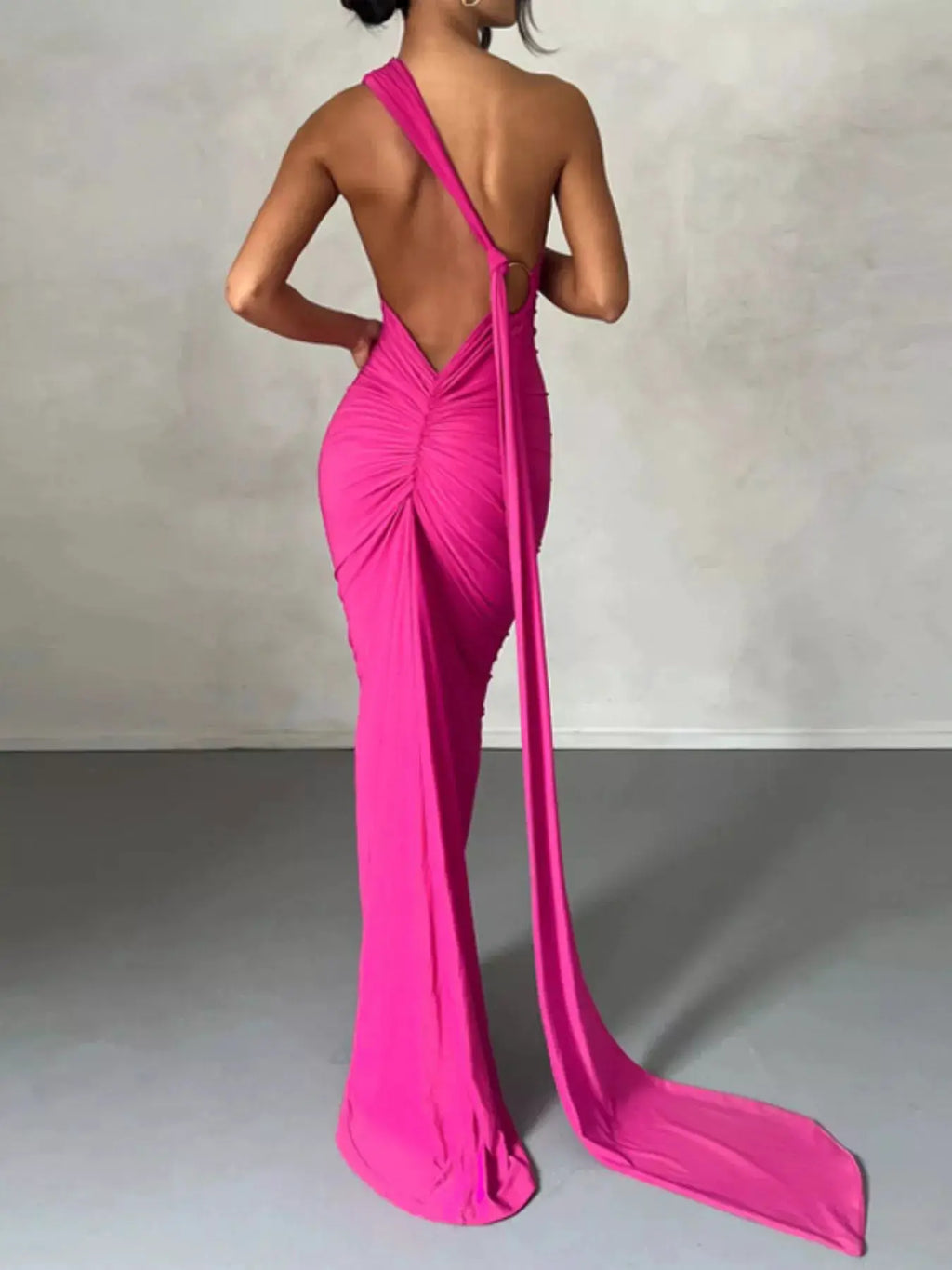 Dresses Belle Bijouix backless one-shoulder ruched bodycon maxi dress in bright hot pink with a flowing train