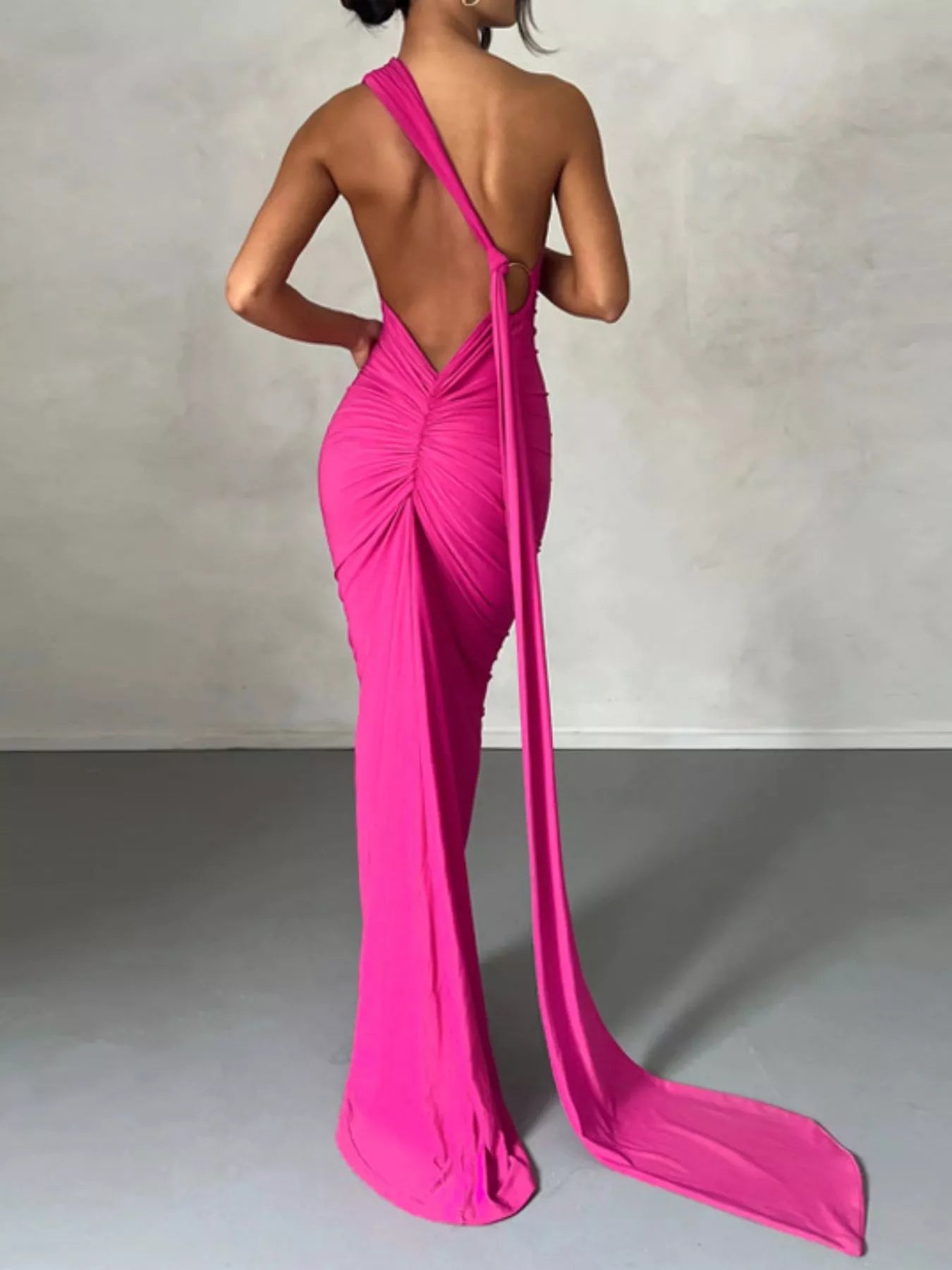 Dresses Belle Bijouix backless one-shoulder ruched bodycon maxi dress in bright hot pink with a flowing train