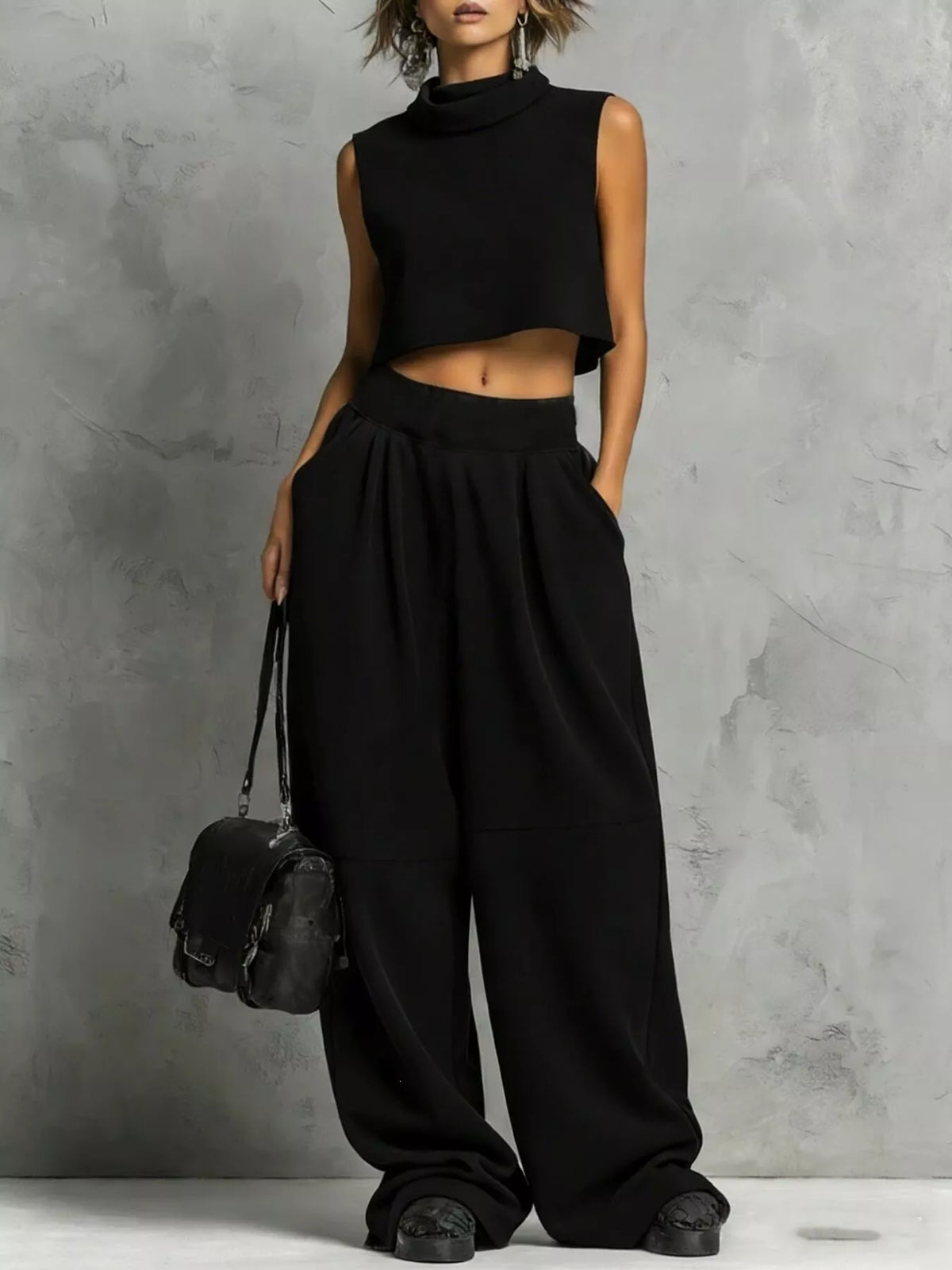 Mock Neck Crop Top & Wide-Leg Sweatpants Set