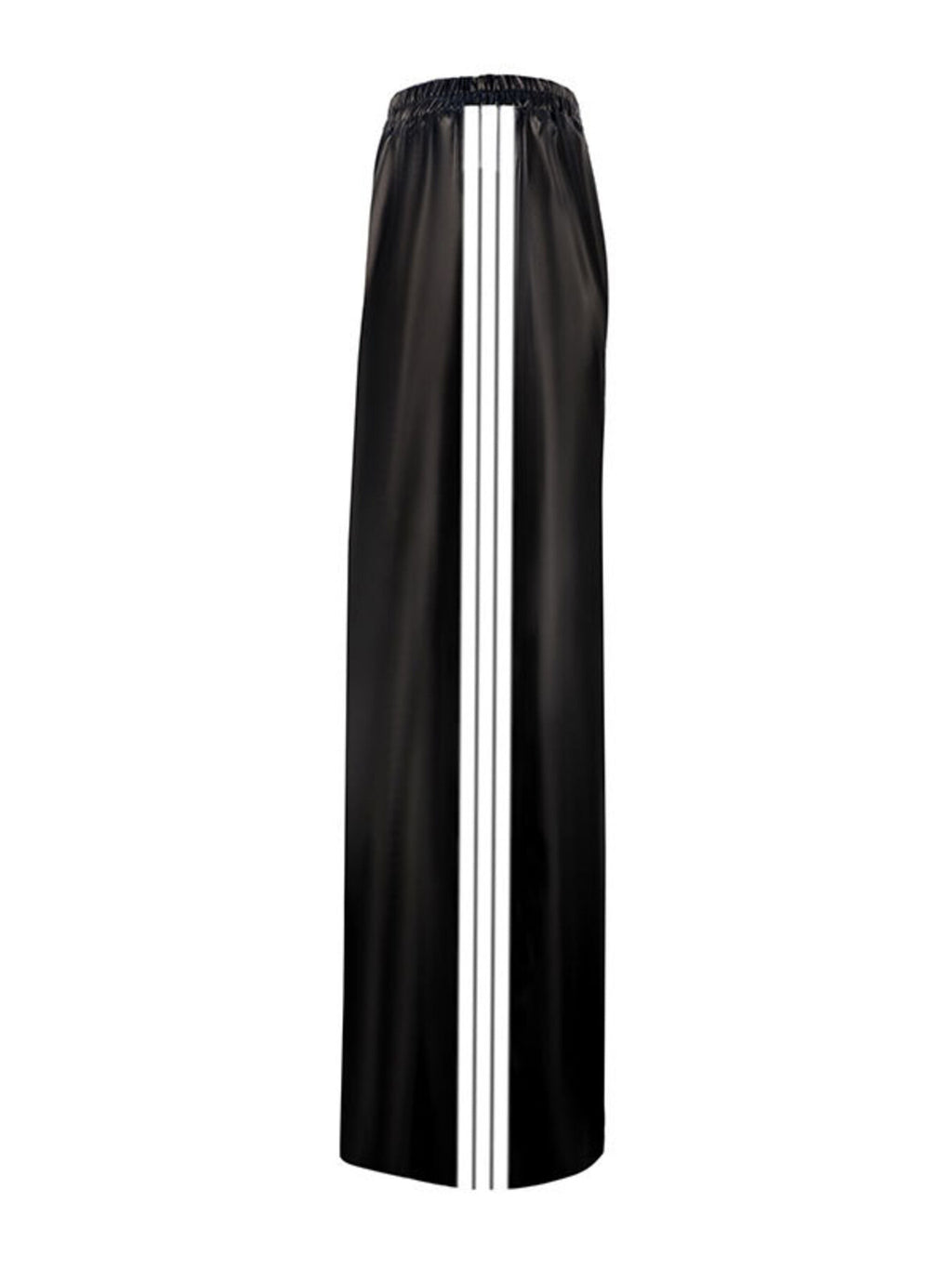 Striped wide-leg pants, black satin-like fabric with white side stripes