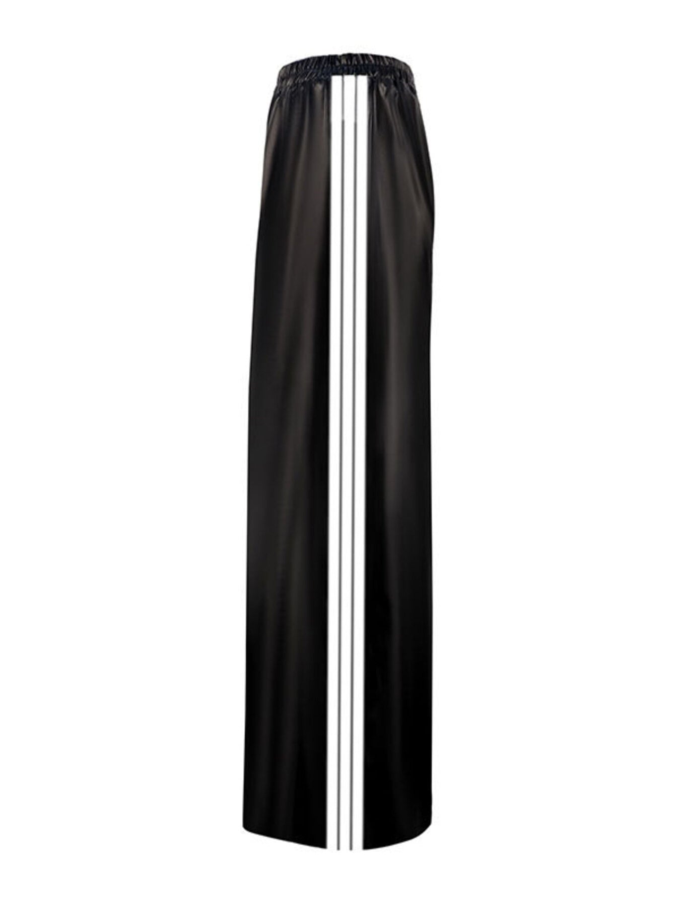 Striped wide-leg pants, black satin-like fabric with white side stripes