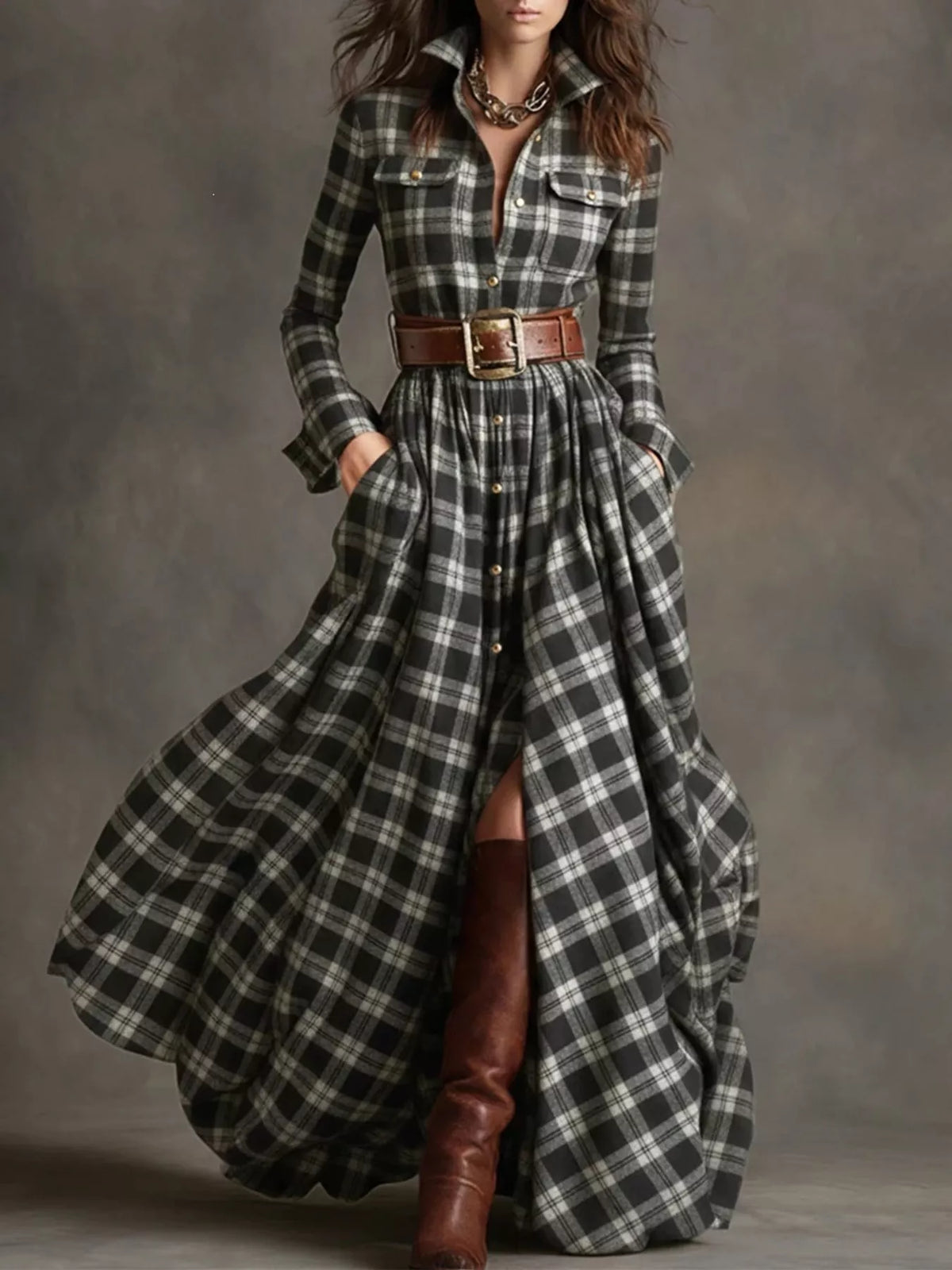 Belted Plaid Button-Down Maxi Shirt Dress in Black Small Check by Belle Bijouix – view 17 of 27