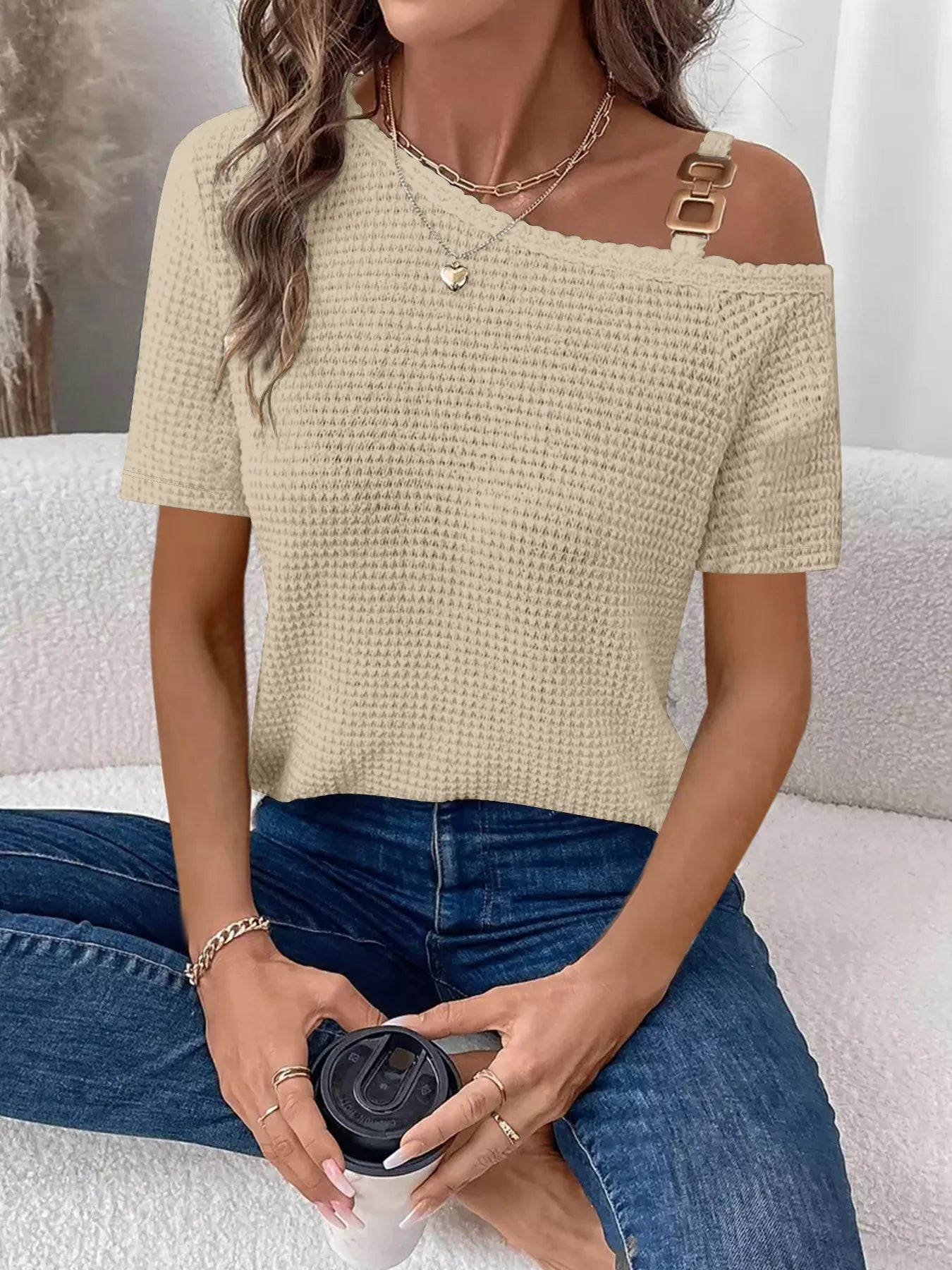 One-Shoulder Chain Detail Waffle Knit T-Shirt in beige with chain-link strap
