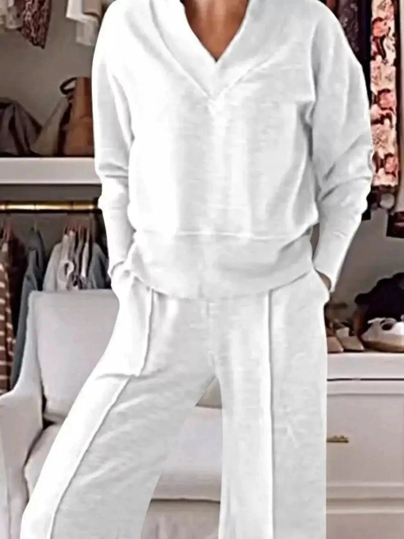 Full-Size Cozy V-Neck Top and Pants Set in white; loungewear with tie waist