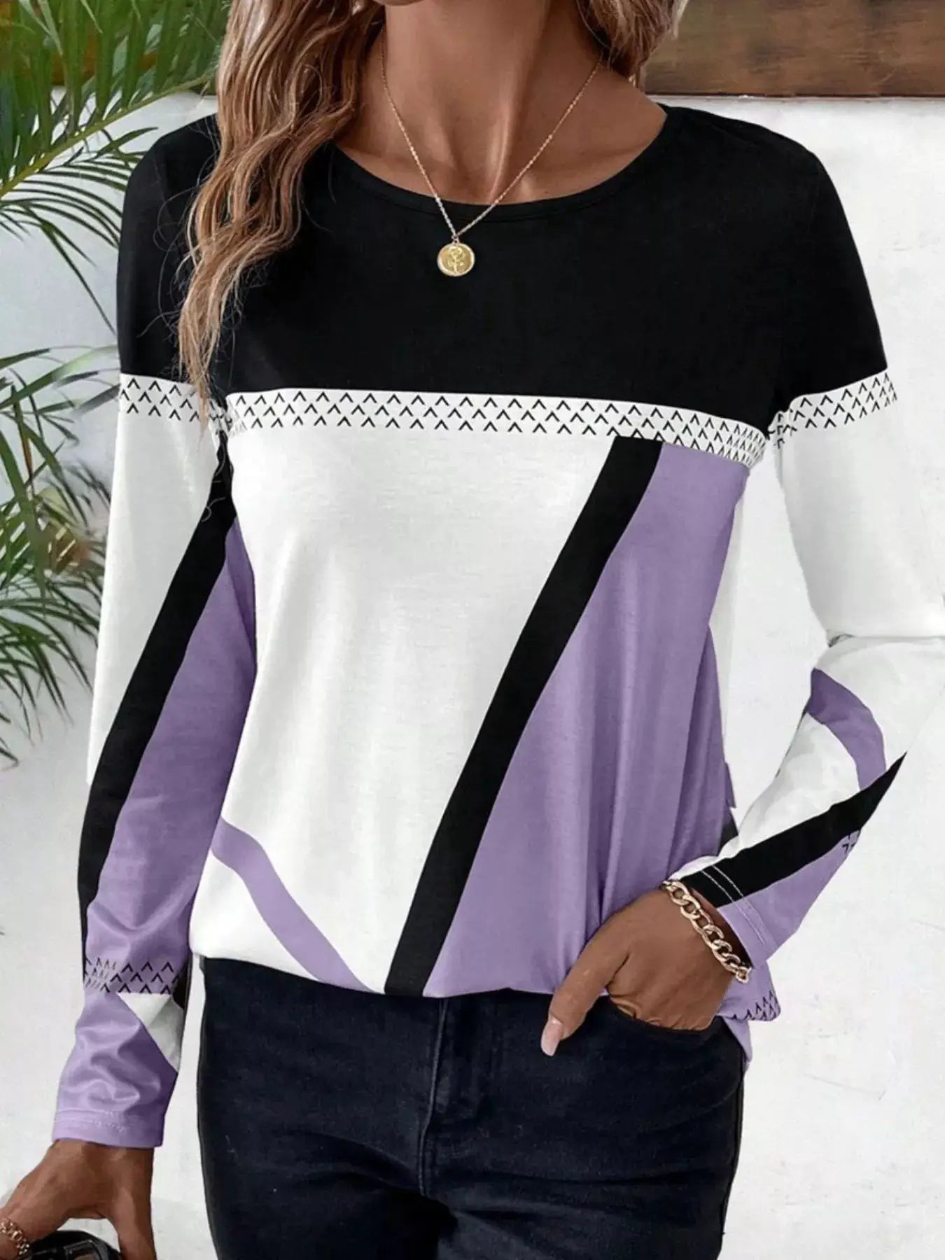 Color Block Long Sleeve T-Shirt by Belle Bijouix, black upper, white midsection, and lavender diagonal panels.