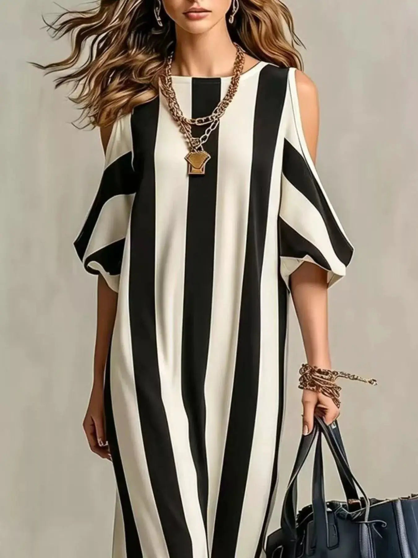 Striped cold-shoulder maxi dress by Belle Bijouix in black and white vertical stripes