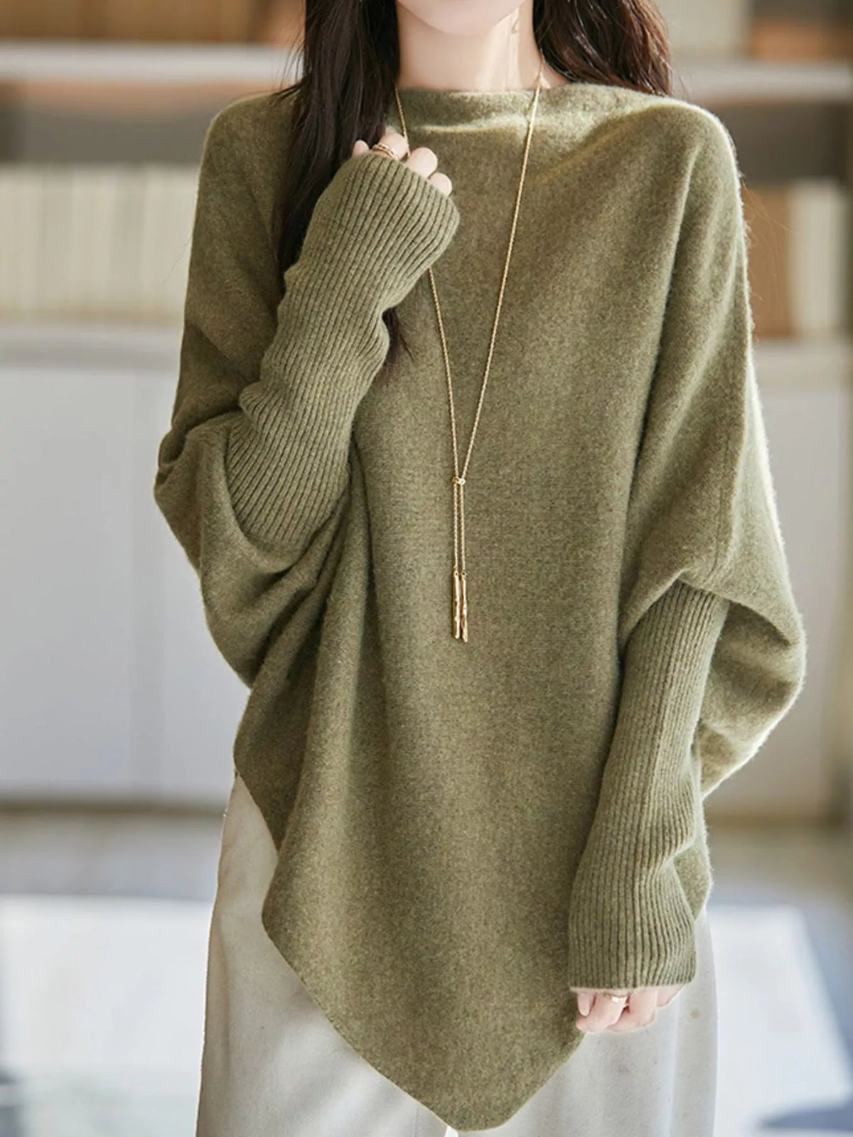 Oversized Asymmetric Wool Batwing Sweater in Matcha Green by Belle Bijouix – view 6 of 24