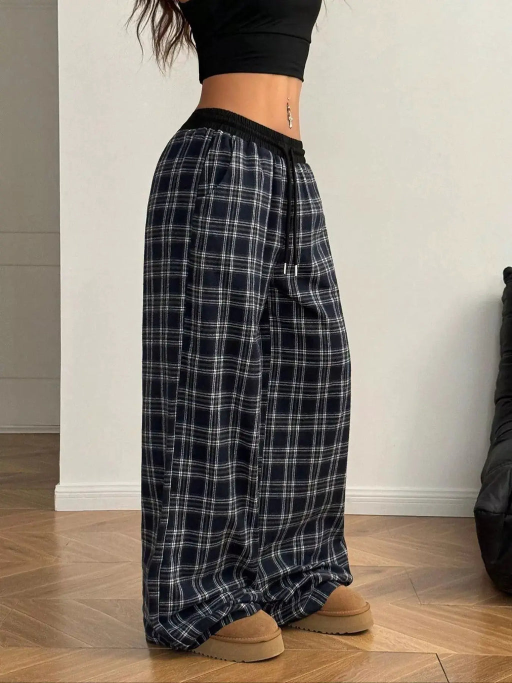Relaxed Fit Plaid Pants by Belle Bijouix, navy plaid with drawstring waist and pockets