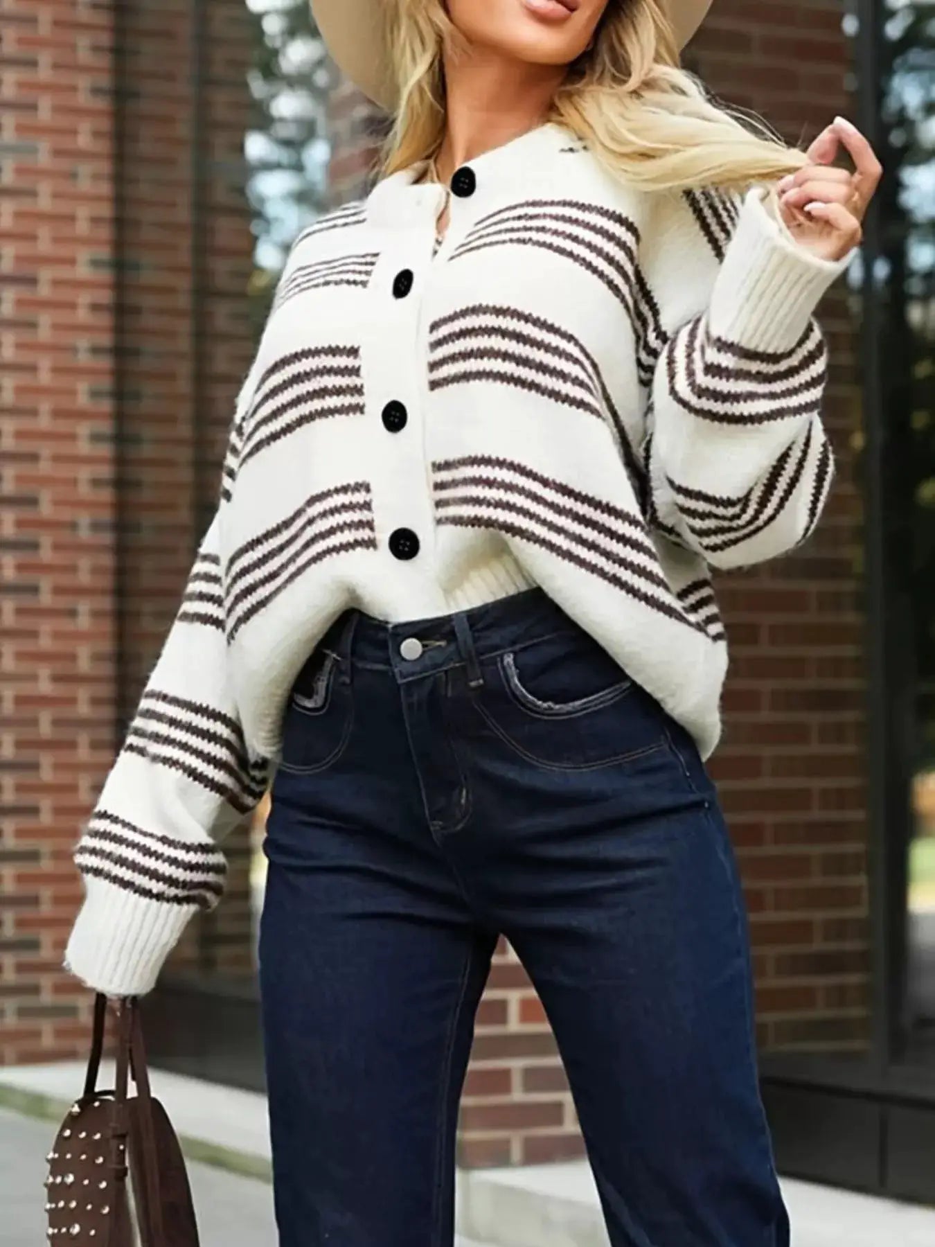 Striped Button-Down Knit Cardigan in ivory with brown stripes, oversized fit, black buttons.