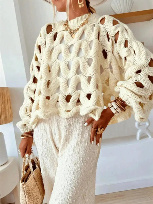 Chunky Cable Knit Hollow Out Sweater in cream; oversized open-knit with cutouts.