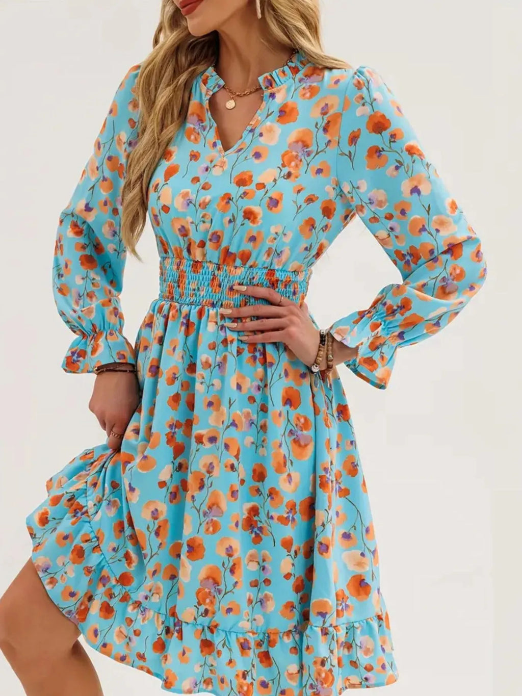 Floral Print Flounce Sleeve Ruffle Hem Dress in blue with orange flowers; smocked waist