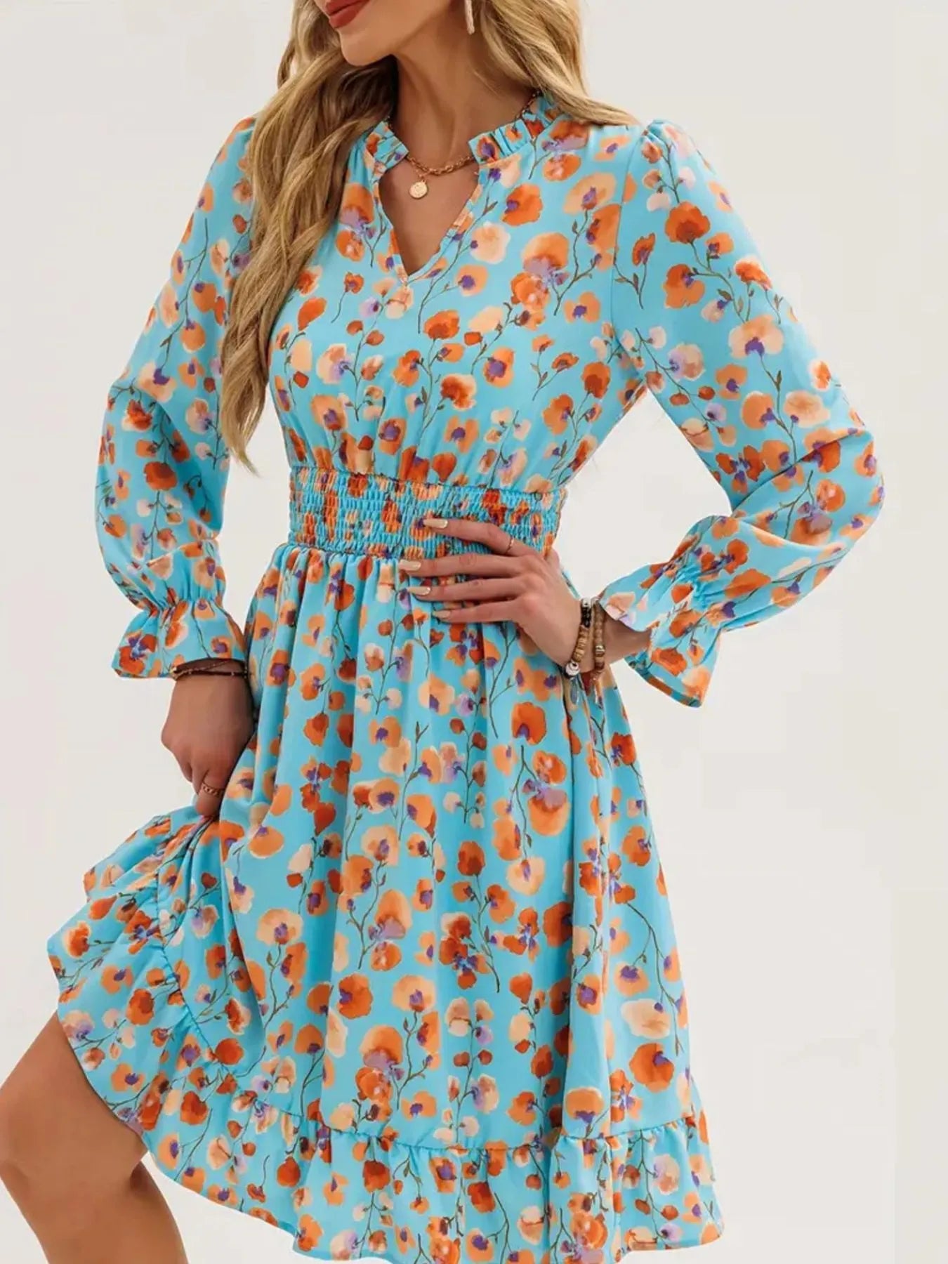 Floral Print Flounce Sleeve Ruffle Hem Dress in blue with orange flowers; smocked waist