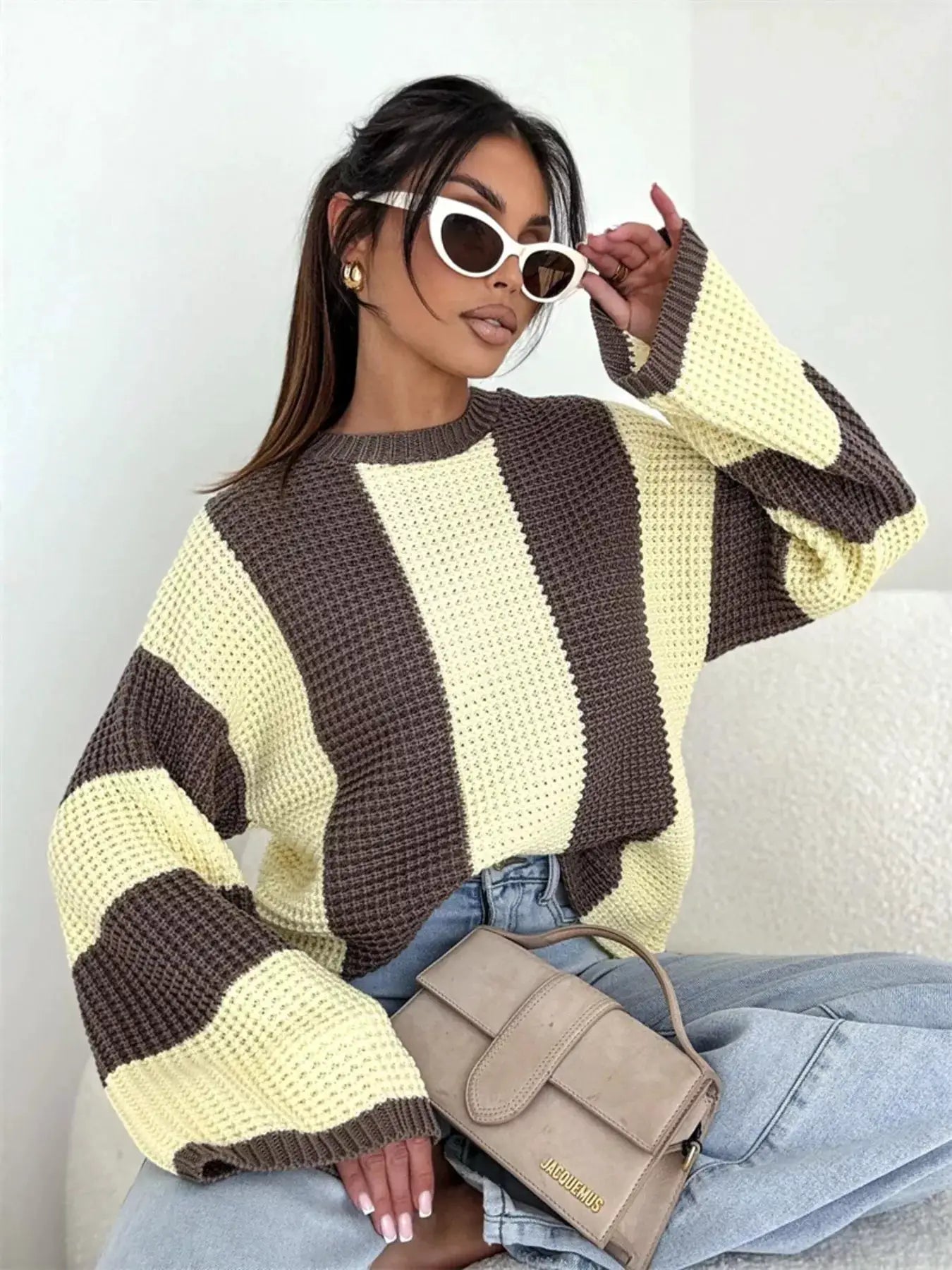 Color Block Long Sleeve Sweater in brown and cream; oversized knit top with beige Jacquemus bag.