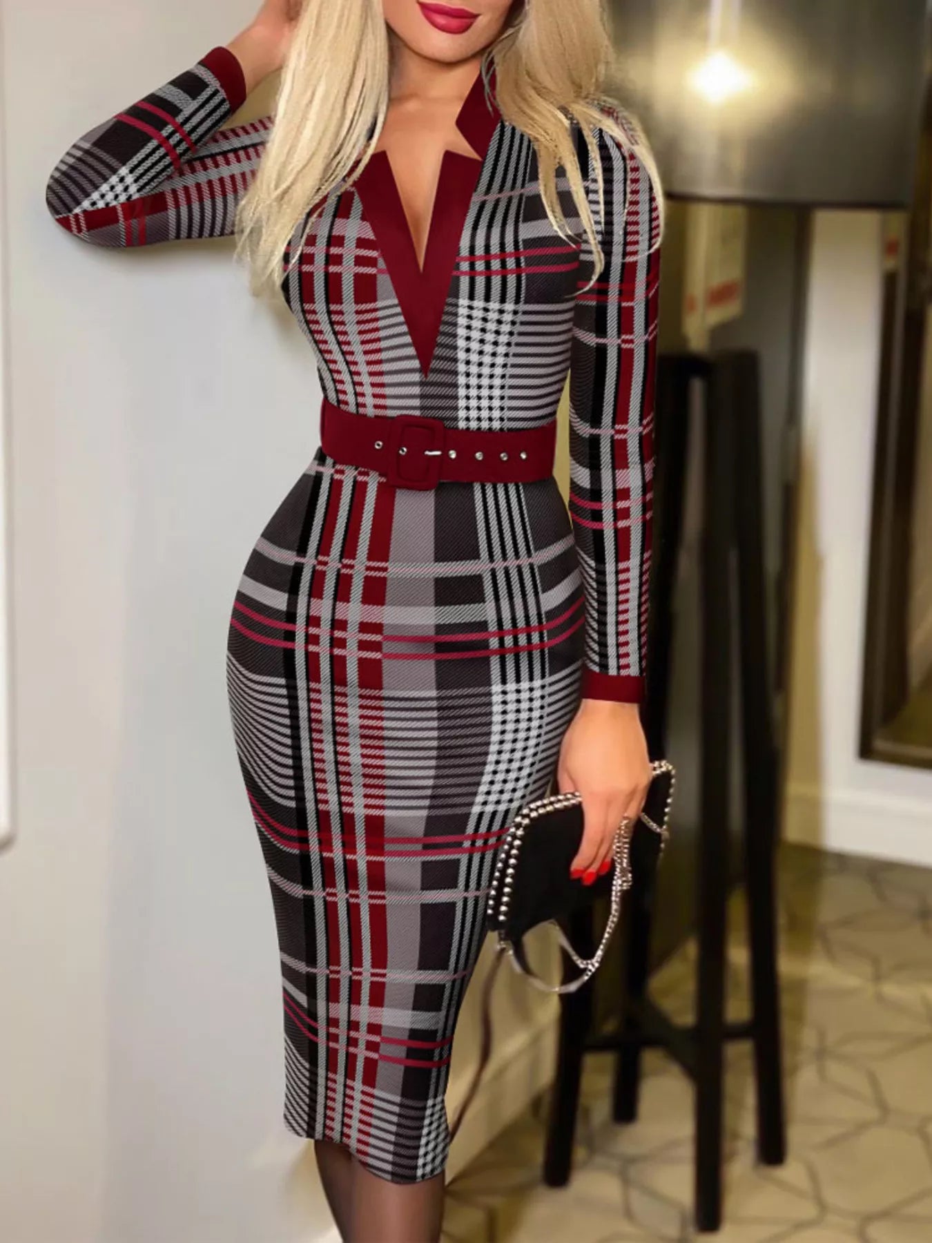 Full Size Notched Long Sleeve Dress Plus Size red plaid belted