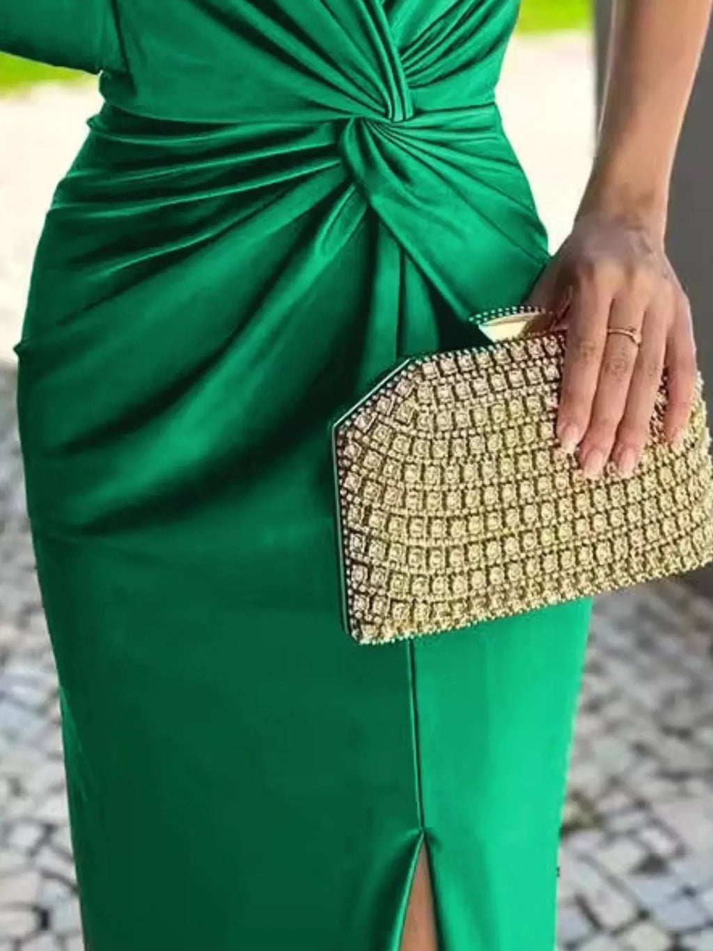 Full-Size emerald green one-shoulder knot-detail maxi dress with side slit
