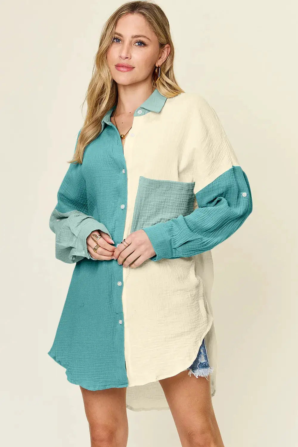 Double Take Full Size Pocketed Texture Button Up Shirt teal and cream, long-sleeve