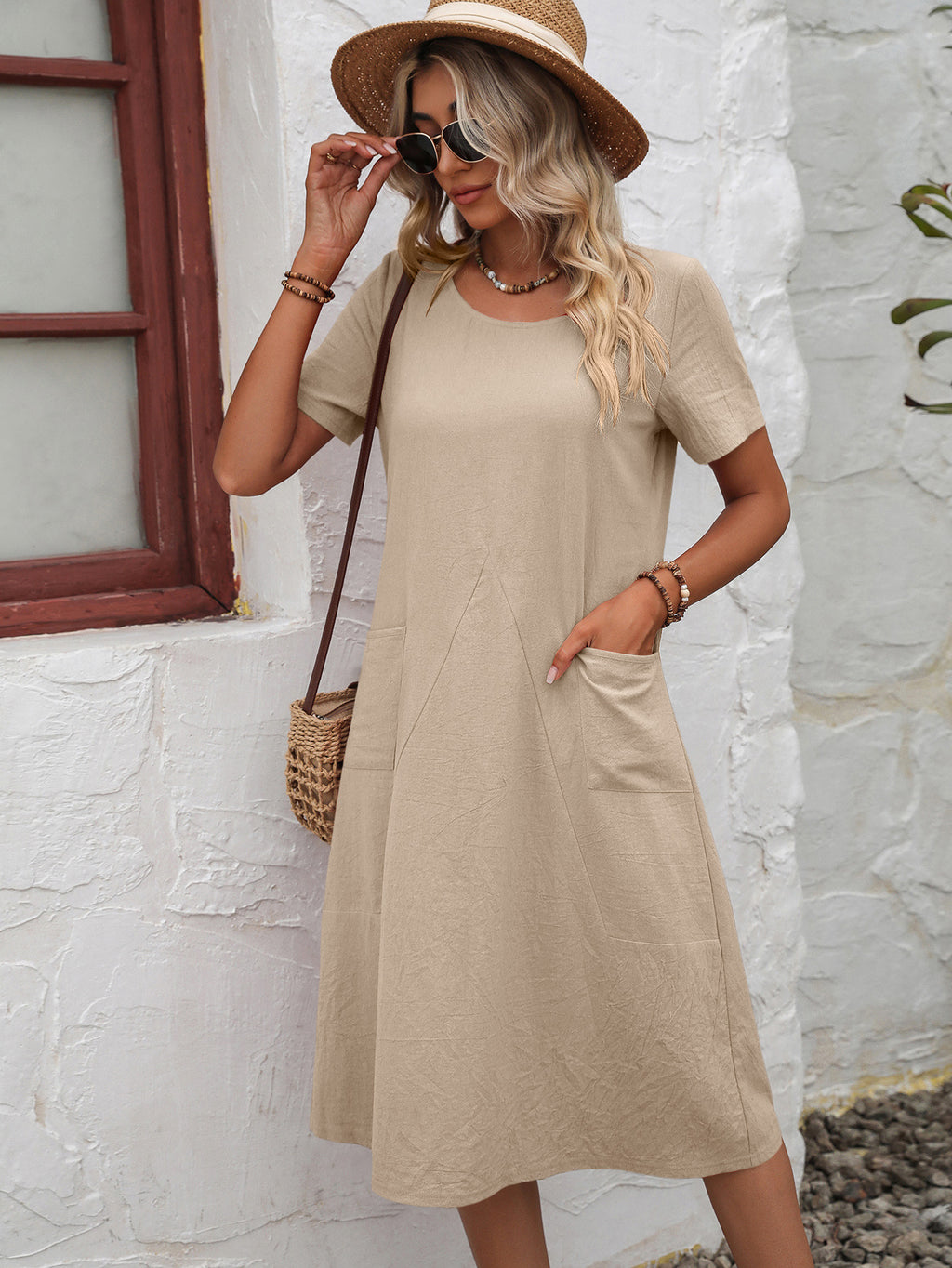 Dresses: Ivy Lane Round Neck Short Sleeve Dress with Pockets in beige