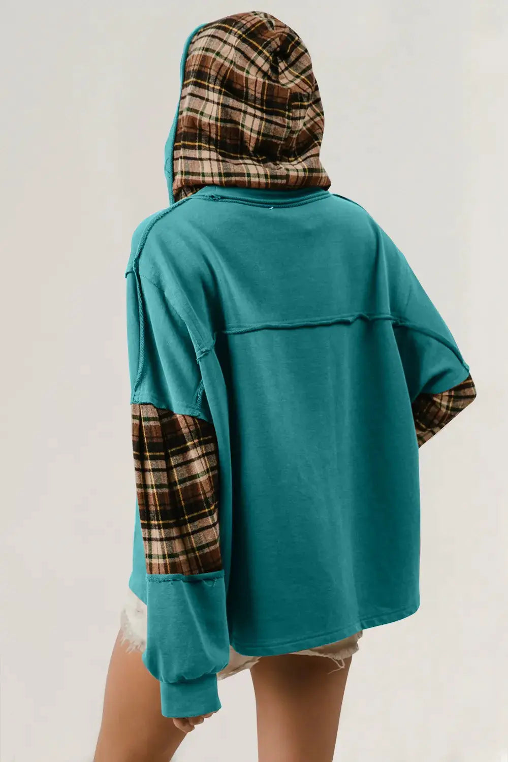 Double Take drawstring hoodie in teal with plaid hood and plaid sleeve patches