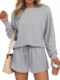 Round-neck long-sleeve top and shorts set in heather gray with drawstring waist and pockets