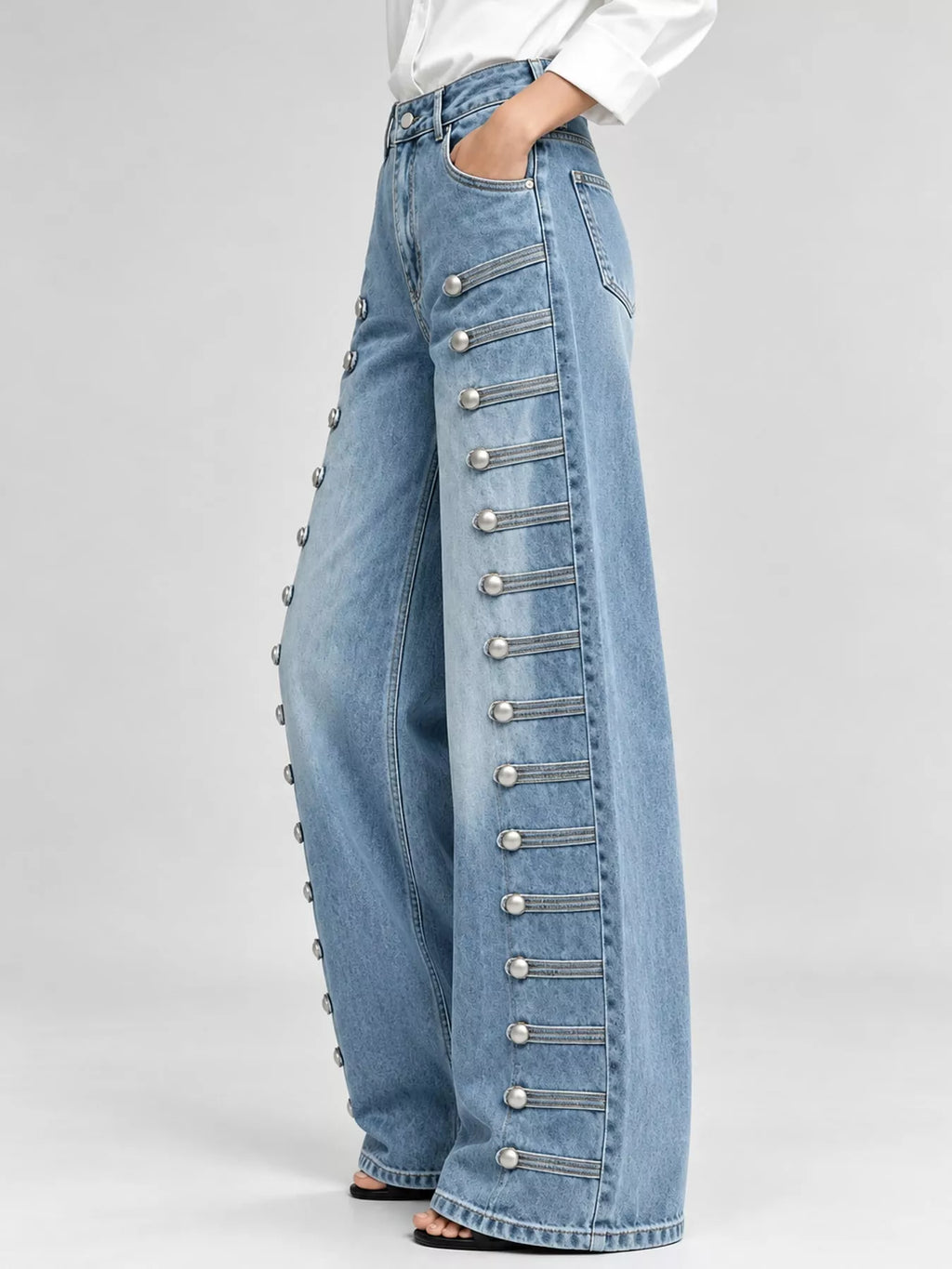 High-Waist Button Detail Wide-Leg Jeans in Light Blue by Belle Bijouix – side view