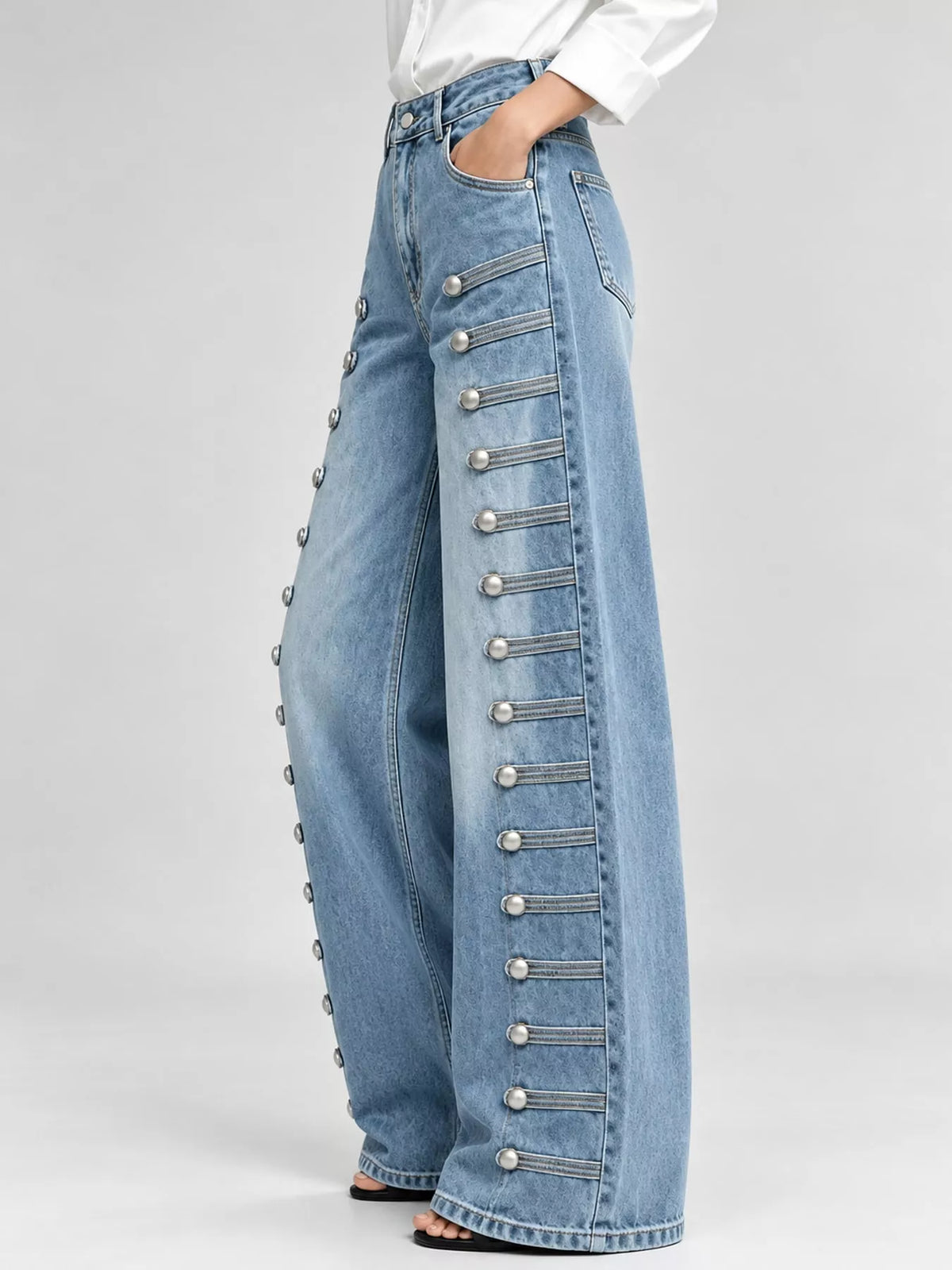 High-Waist Button Detail Wide-Leg Jeans in Light Blue by Belle Bijouix – side view