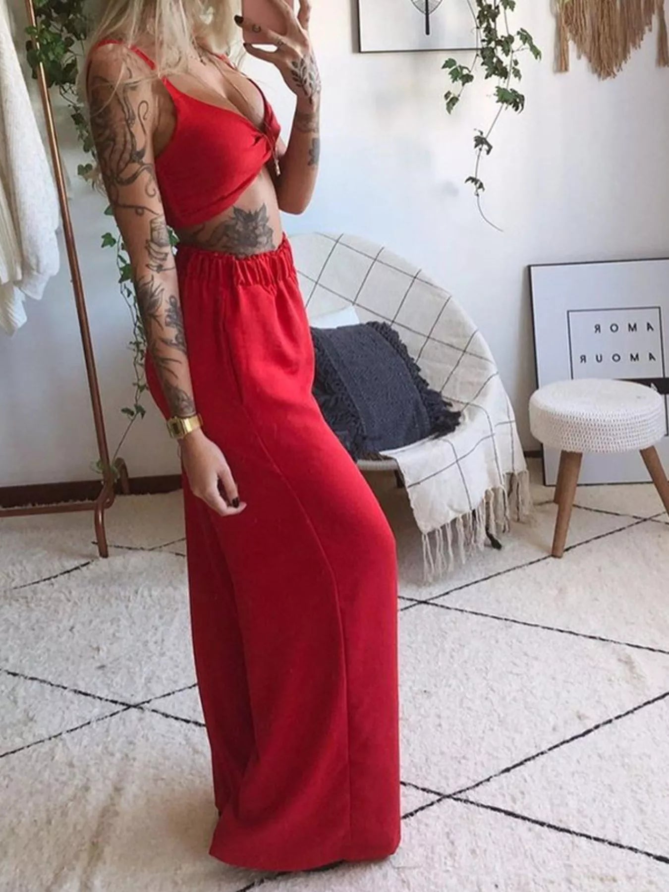 Boho Butterfly Print Top and Pants Set by Trendsi, red color, crop-top with tie detail and high-waisted wide-leg pants