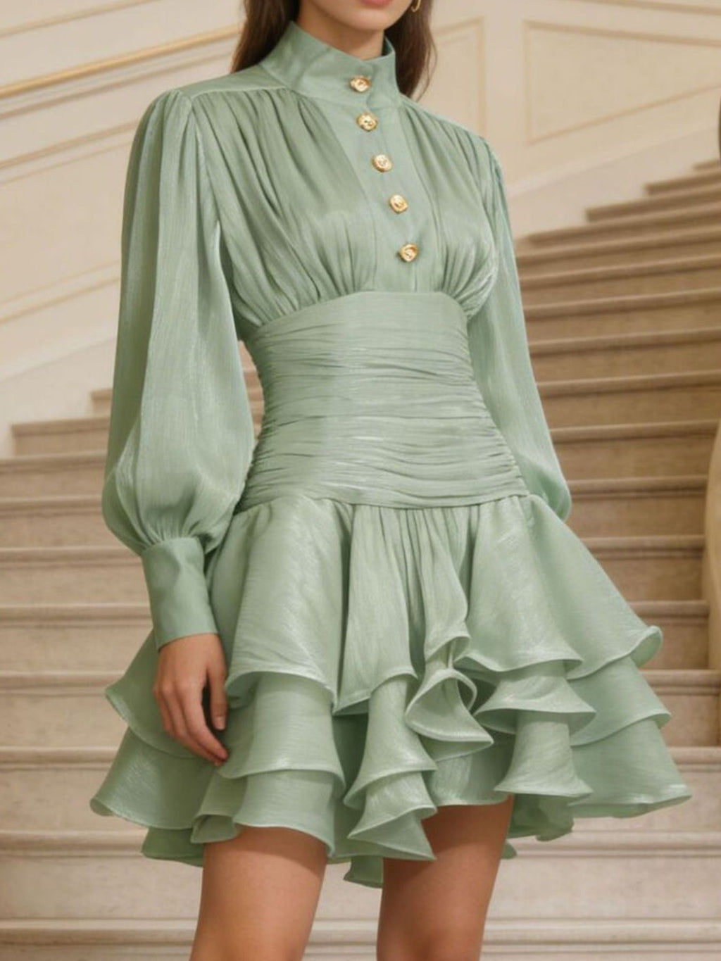 Ruffled Layered Lantern Sleeve Mini Dress in sage green satin with gold buttons